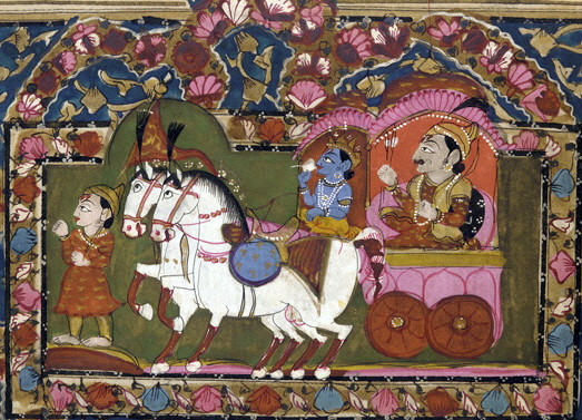 Krishna as Arjuna's charioteer at Kurukshetra — an Indian miniature painting, 18th–19th century